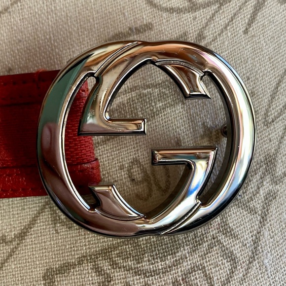 Authentic Gucci 2010s Interlocking GG Buckle Embroidered Leather Belt Red Womens - Picture 10 of 13